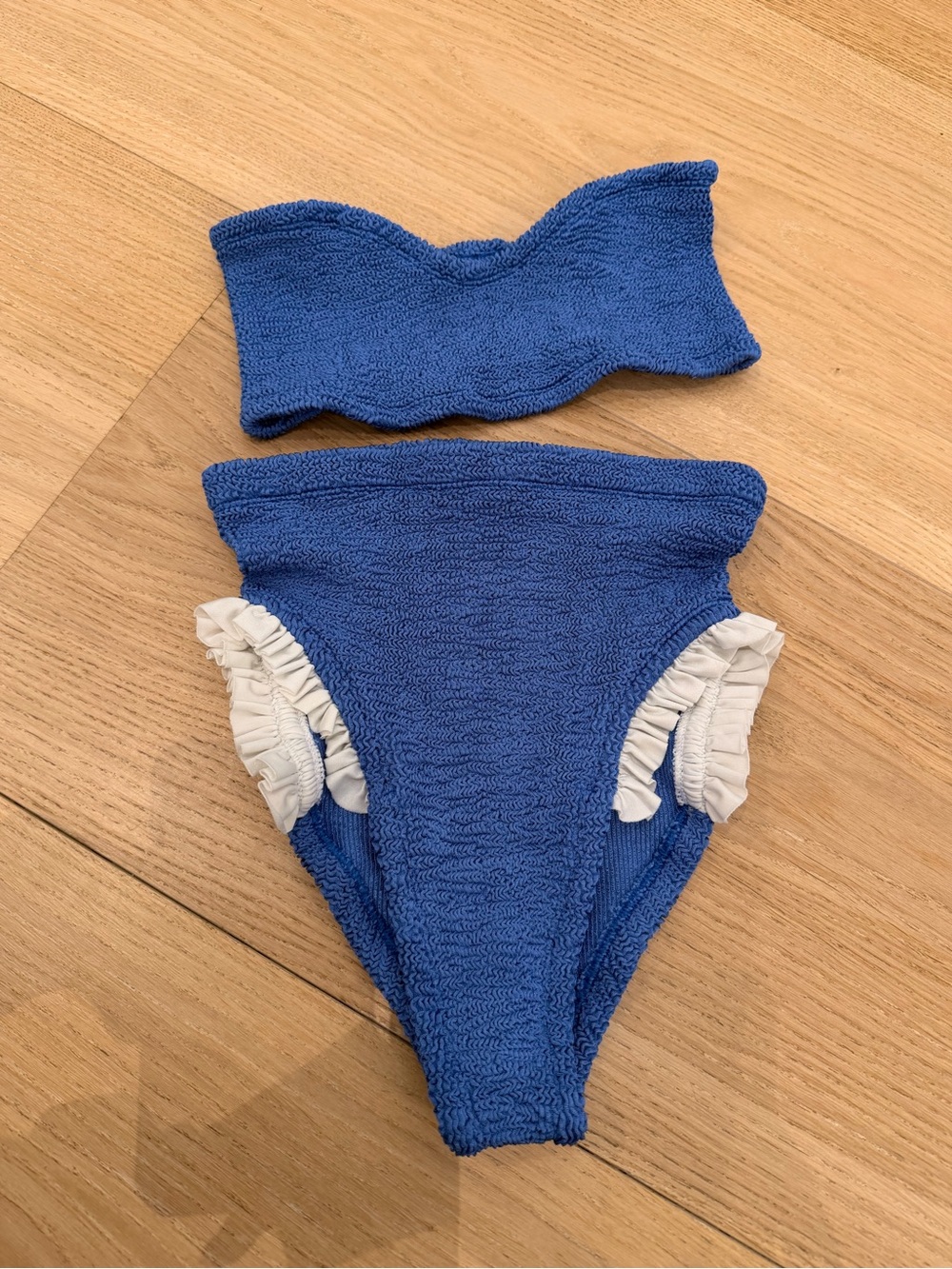 Hunza G Blue Bandeau Bikini with White Ruffle Trim